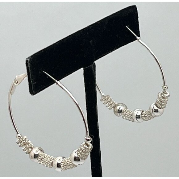 Silver Tone Hoop Earrings with Beaded Spring Twist Detail - Picture 5 of 6